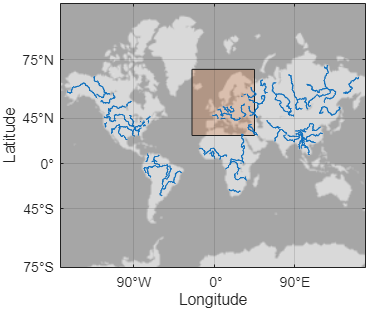 Lines and a polygon in the same geographic axes. The bounds of the lines are larger than the bounds of the polygon.