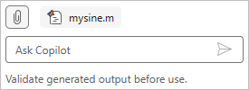 Copilot Chat panel, showing that the mysine.m file is added as context