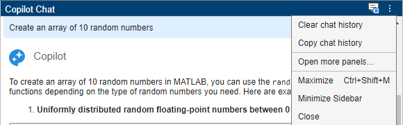 Copilot Chat panel, showing the Clear chat history button and the Copilot Chat actions menu