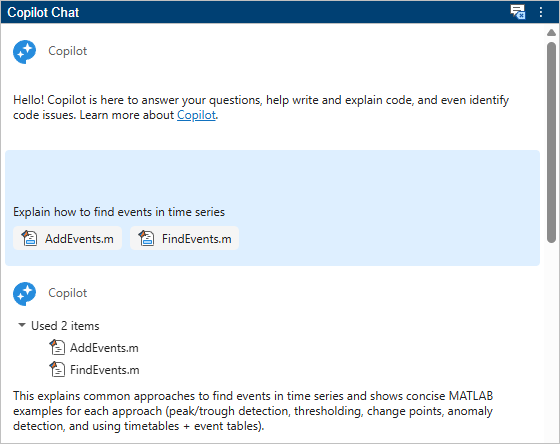 Copilot Chat panel, showing two added files as used references in a response