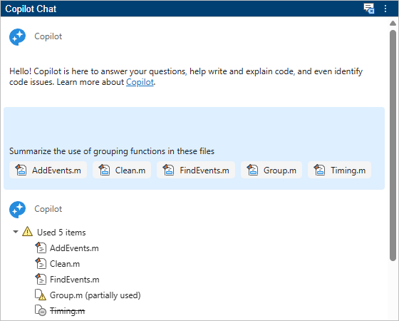 Copilot Chat panel, showing five files as used references in a response. Not all added files are used for context.