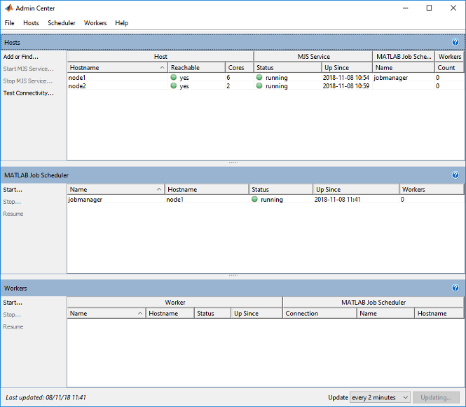 MATLAB Job Scheduler panel of Admin Center with a list of job managers