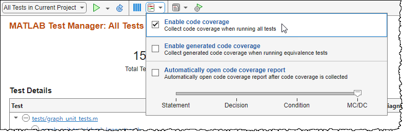 Enable code coverage is selected in the MATLAB Test Manager.