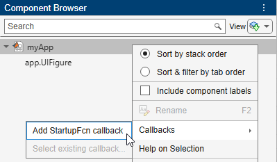 Context menu for the app node in the Component Browser