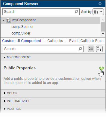 Component Browser. The component node is selected and there is a button to add a new public property.