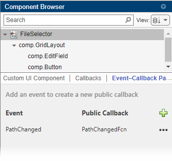 App Designer Component Browser. The Event-Callback Pairs tab is selected and there is a PathChanged and PathChangedFcn event-callback pair.