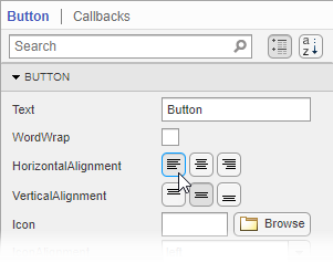 The Button tab of the Component Browser. The tab displays editable button properties such as Text, WordWrap, and HorizontalAlignment, along with their values.