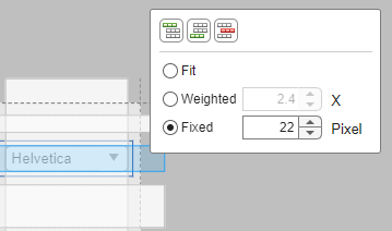 Grid layout manager resize configuration options. A row is selected, and there are options to add or remove rows, and to specify the row height as fit, weighted, or fixed.