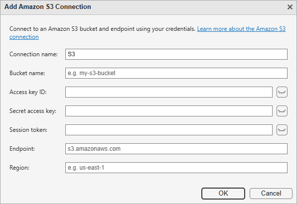Add Amazon S3 Connection dialog box with text boxes for specifying a connection name, bucket name, access key ID, secret access key, session token, endpoint, and region