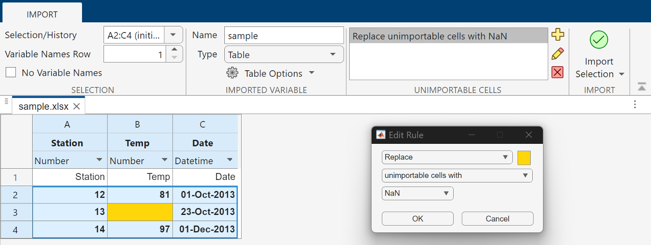Import Tool Edit Rule dialog indicating that NaN will replace unimportable cells
