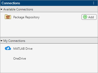 Connections panel with an Available Connections section showing a Package Repository connection and an Add button to the right of the connection