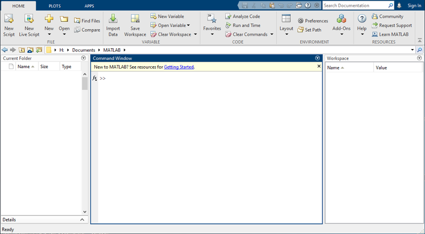 MATLAB desktop showing the toolstrip at the top, the Current Folder toolbar below that, the Current Folder browser on the left, the Command Window in the middle, and the Workspace browser on the right