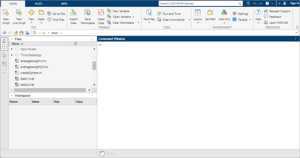 MATLAB desktop. The left sidebar shows five panel icons, two of which are grouped together and enabled. The bottom sidebar shows one panel icon for the Command Window. The Command Window is open above the bottom sidebar. The Files panel and the Workspace panel are open on the left side of the desktop.