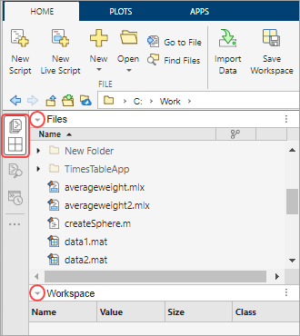 MATLAB desktop with the Files panel and Workspace panel expanded. The Files panel and Workspace panel icons are grouped together on the sidebar. The title bar of each panel has an arrow button to collapse the panel.