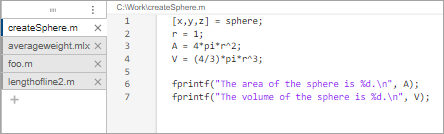 Code file open in the desktop and four document tabs shown on the left side of the file