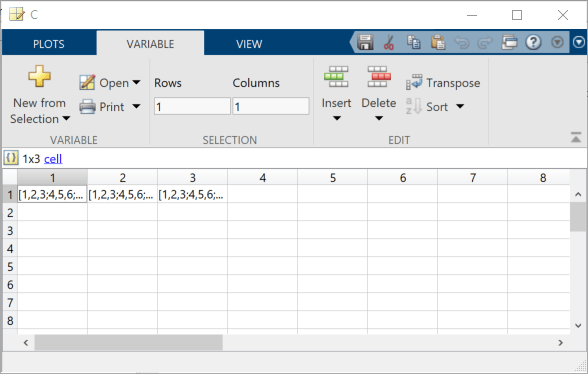 Variables editor showing C