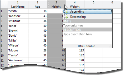 Variables editor, table view, with third column selected for sorting