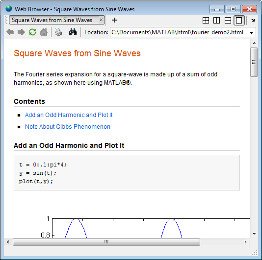 MATLAB Web browser with the fourier_demo2.html file open