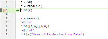 plotRand script with a breakpoint at line 3 and a green arrow and green highlighting on line 3, indicating that MATLAB is paused at line 3