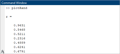 Command Window showing a call to the plotRand function followed by the resulting output, the value of r