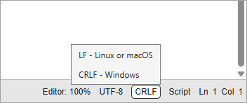 Bottom-right corner of the MATLAB desktop showing the end-of-line sequence indicator with the current value set to CRLF. The expanded menu displays two options: LF (for Linux or macOS) and CRLF (for Windows).