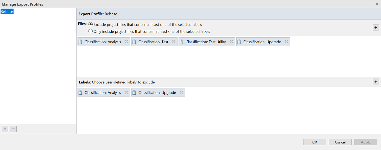 Manage Export Profiles dialog shows two panes. The Files pane contains two options and list the labels of the files you want to exclude. The Labels pane lists the user-defined labels you want to exclude.