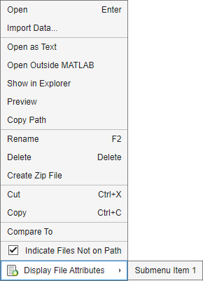 Files panel context menu with a custom section at the bottom containing the custom item Display File Attributes and the custom submenu item Submenu Item 1