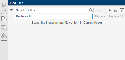 Find Files tool with a Search box and options to match the case of the search text, match the whole word, and filter results. The MATLAB Online desktop left sidebar shows the Find Files icon.