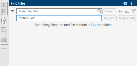 Find Files tool with a Search box and options to match the case of the search text, match the whole word, and filter results. The MATLAB Online desktop left sidebar shows the Find Files icon.