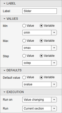 Slider configuration menu with the smin, smax, sstep, and svalue variables selected