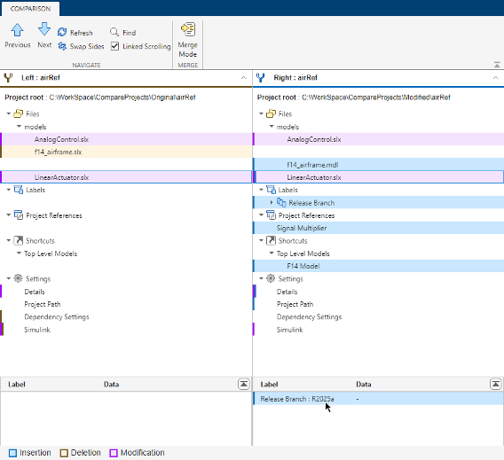 Project definition file comparison