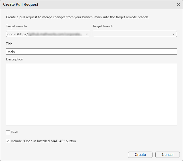 Create Pull Request dialog box, with the fields to configure to create a new pull request.