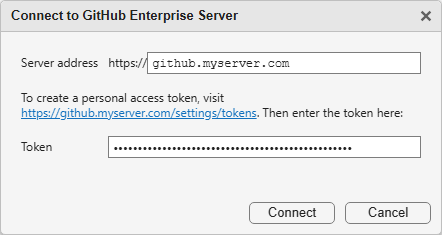 Connect to GitHub window asking for your GitHub personal access token.