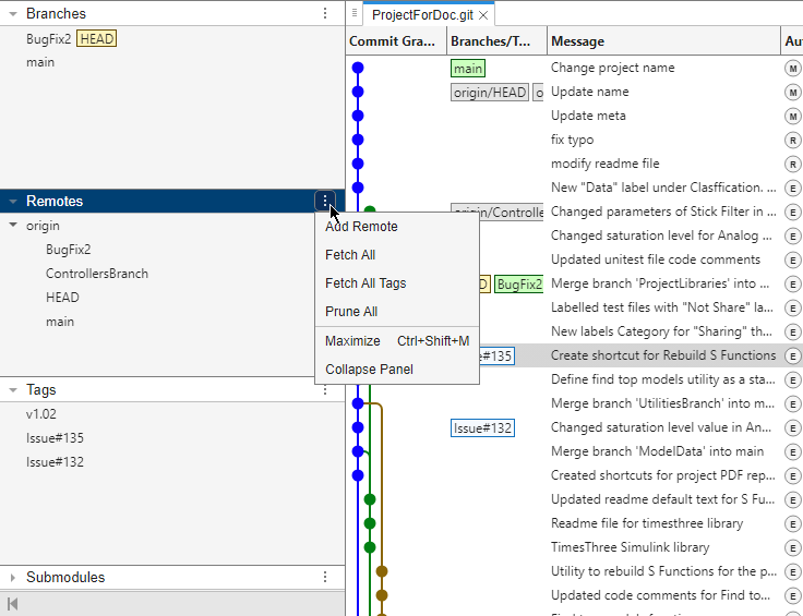 Left pane of the Branch Manager shows the Remotes context menu options.