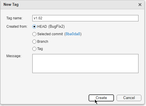 New Tag dialog box shows the Tag name field on top, Created from options in the middle, and Create and Cancel buttons at the bottom.