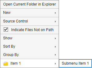 Files panel context menu with a custom section at the bottom containing the custom item Item 1 and the custom submenu item Submenu Item 1