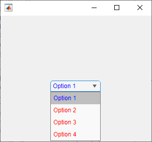 Drop-down list with four items. The first item has a blue font color and the last three items have a red font color.