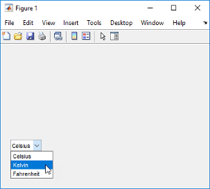 Figure window with a pop-up menu. The pop-up menu has the list items "Celsius", "Kelvin", and "Fahrenheit".