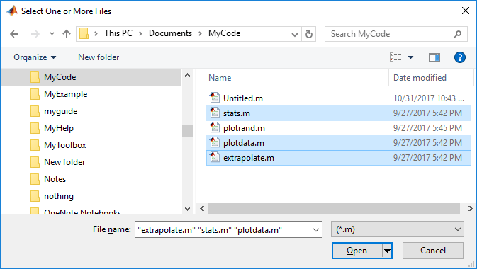 File selection dialog box. The title of the dialog box is Select One or More Files. Multiple files in the dialog box are selected.