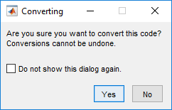 Preferences dialog box with custom title and body text. The dialog box also has a check box with the text "Do not show this dialog again." and two buttons, "Yes" and "No".