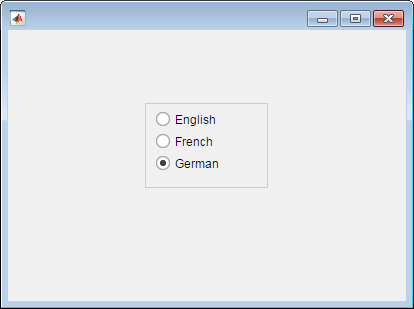Button group with three radio buttons in a UI figure window. The radio button with text "German" is selected.