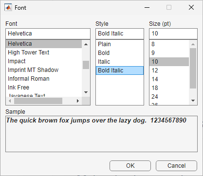 Font dialog box. The dialog box contains fields to select the font name, style, and size, and displays sample text with the selected font characteristics. The bottom of the dialog box has two buttons: "OK" and "Cancel".