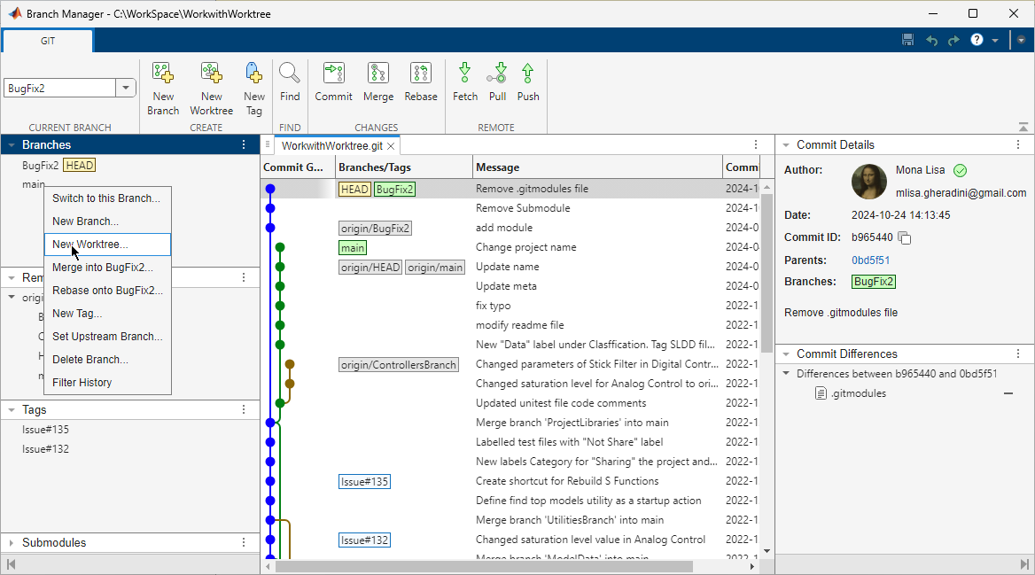Left pane of the Branch Manager shows a context menu on a branch in the Branches section with the pointer on the New Worktree option.