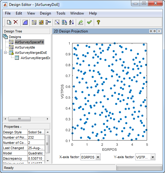 Screenshot of MBC Design Editor showing a 2D design projection with Sobol sequence points for EGR position vs VGT position in diesel engine calibration.