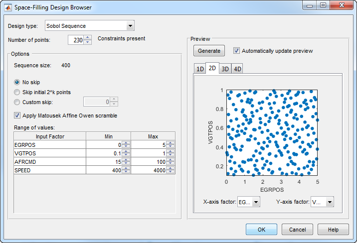 Screenshot of MBC Space-Filling Design Browser showing Sobol sequence design with 230 points for EGR position vs VGT position in diesel engine calibration.