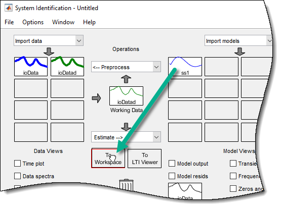 Upper left section of the System Identification app, showing ss1 being dragged into the To Workspace area.