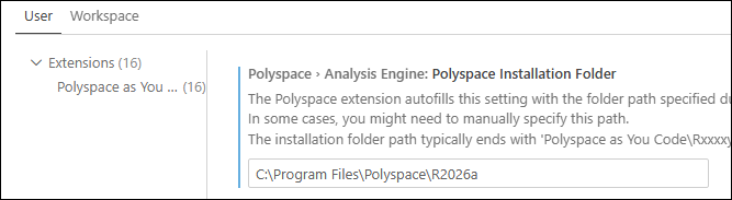 Visual Studio Code User and Workspace settings tabs