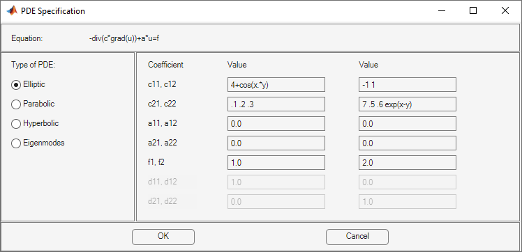 Dialog box with the matrix coefficients values separated by spaces