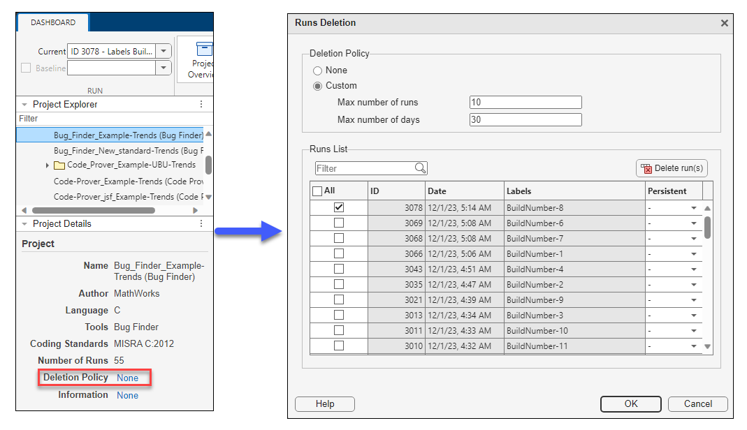 Deletion Policy link highlighted in the Project Explorer to open the Runs Deletion interface