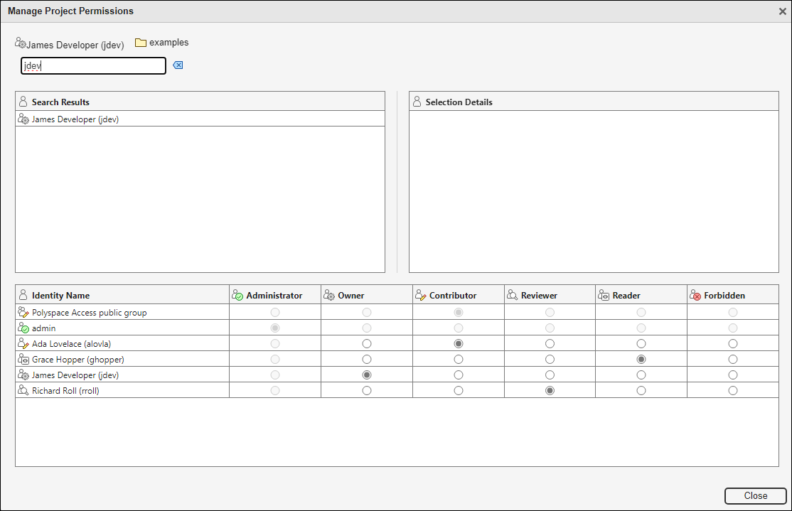 Manage Project Permissions window